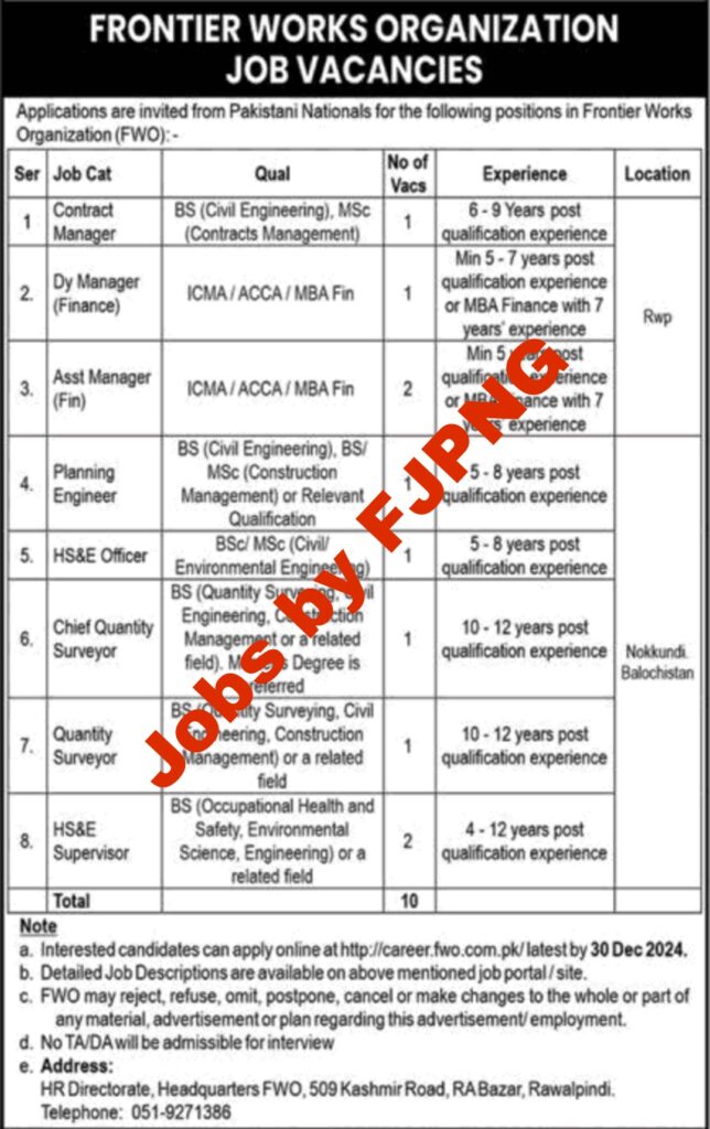 Latest Frontier Works Organization (FWO) Jobs  December 2024